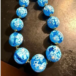 MURANO MILLEFIORI Venetian Italian Style Glass Bead Blue/White Gold Filligree 18